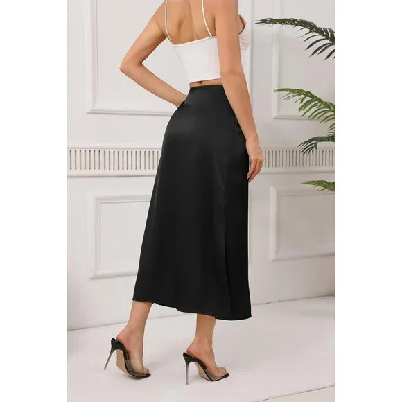 Women's Black Satin Elastic Silk Slip A Line Flowy Ruffle Cocktail Midi Skirt